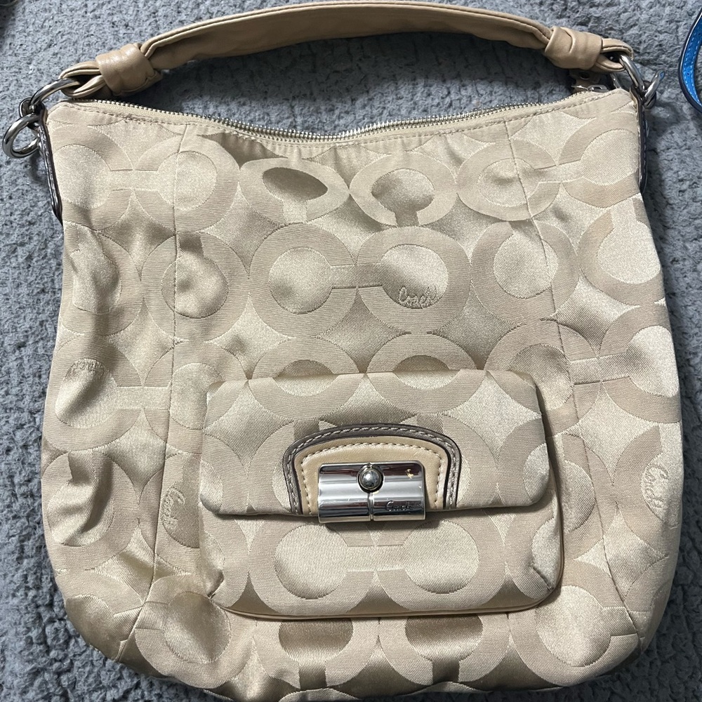 Coach sateen handbag in gold/beige. Signature C. Nonsmoking owner. Like new.